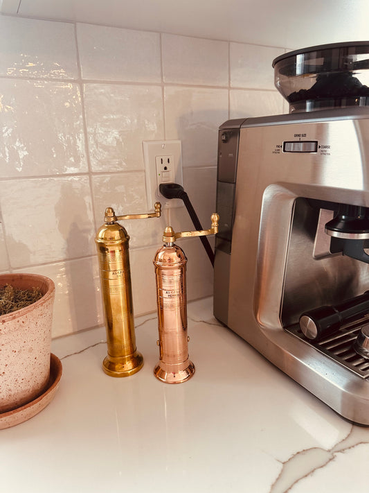 Alexander (Atlas) Brass Salt and Copper Pepper Mills, Set of 2