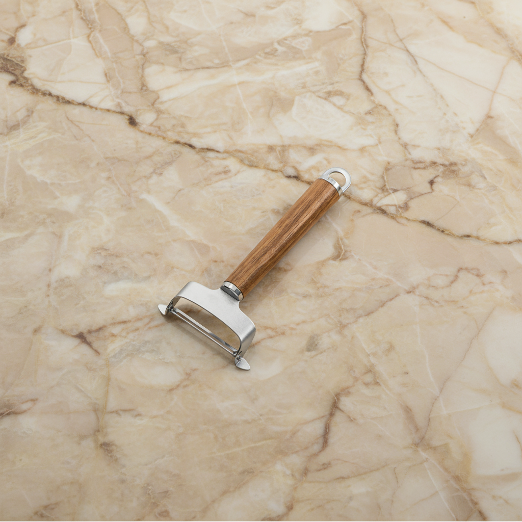 Metallic kitchen tool with wooden handle on a light gray background